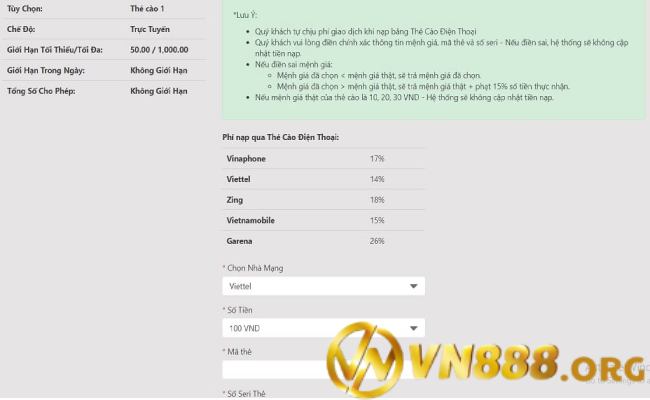 Nạp tiền VN888 qua thẻ cào điện thoại hiệu quả